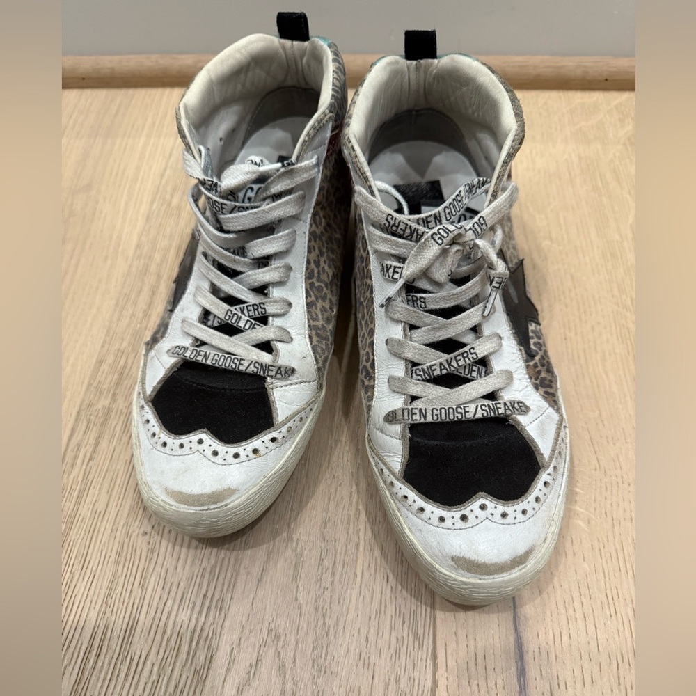 Golden Goose White and Black Sneakers with Leopard Accents